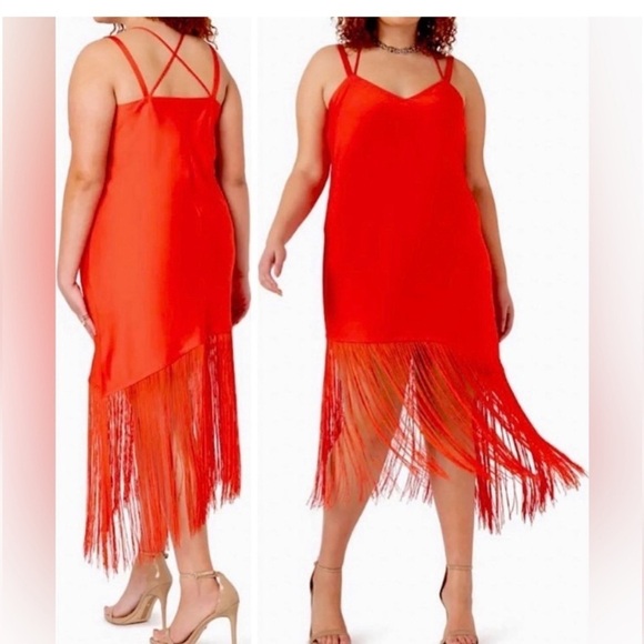 ELOQUII SEXXXY red satin fringe asymmetrical fringe midi slip dress 20 - Picture 4 of 9
